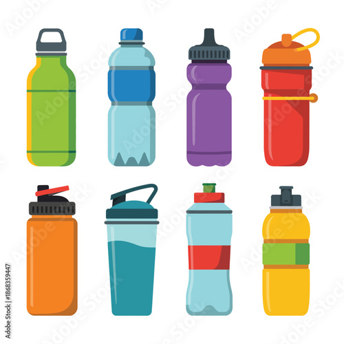 Bicycle water bottles in different shapes and colors, sport hydration containers, natural and healthy lifestyle concept, suitable for apps, websites, fitness graphics and vector design projects.