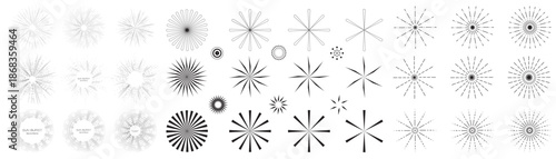 Line sun ray set. Star burst icon, sunburst radial shapes collection