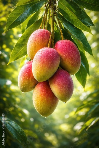 Cluster of ripe mangoes hanging from a tropical tree branch, covered with fresh dew drops and surrounded by lush green leaves. Soft natural bokeh in the background enhances the vibrant colors and orga