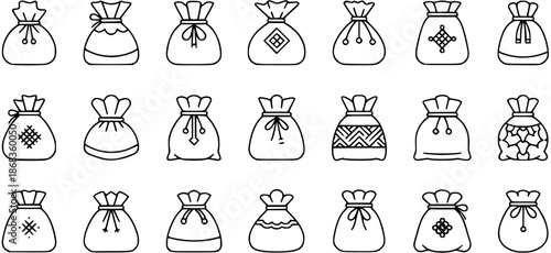 Set of Lucky Money Bags Line Icons. Asian Fortune Pouch Vector Illustration