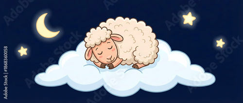 Cute cartoon illustration of a sheep taking a nap on a cloud.