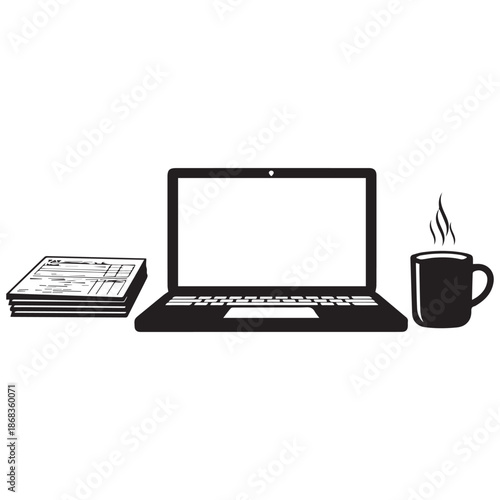 Modern workspace setup with laptop, papers, and coffee cup