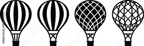 Hot air balloon silhouette icon set with striped and mesh designs, black aerial transport symbols for travel, adventure, tourism, and creative graphic projects