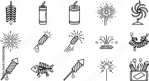 Firework Celebration Pyrotechnic Line Art Icons Set