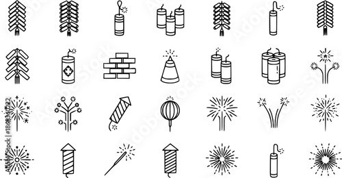 Fireworks and Firecrackers Line Icons Set - Pyrotechnic Celebration Symbols