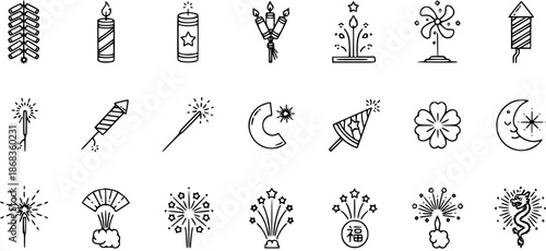 Line Art Fireworks and Celebration Icons Set