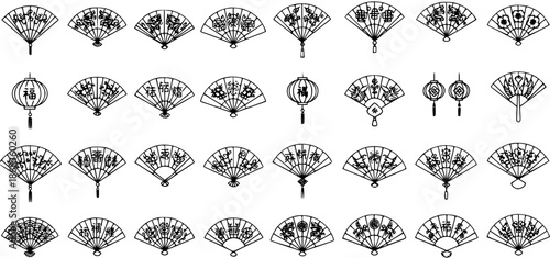 Traditional Asian Folding Hand Fans  Lanterns Line Art Icons Set