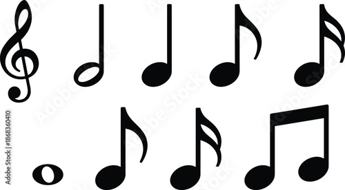 Music Notes and Treble Clef Icon Set, Black Musical Symbols Collection for Audio, Songwriting, Education, Sound Design, and Creative Media Projects