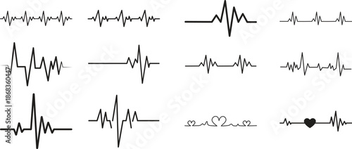 Heart Rhythm Icon set. Electrocardiogram, ECG - EKG signal, Heart Beat pulse line concept design element. Heartbeat line, pulse, cardiogram, medical health care, heart rhythm, red outline vector.