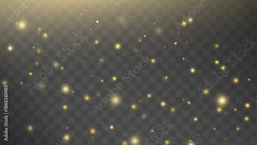 Golden glowing cloud at the top releasing falling yellow and gold dust particles of various sizes and transparency on a dark checkered background. Magical sparkle vector effect.
