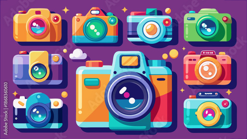 Very beautiful photo camera icons set presenting clear photography symbols in a clean isolated style, ideal for user interfaces, graphic design systems, branding materials, and modern visual communica