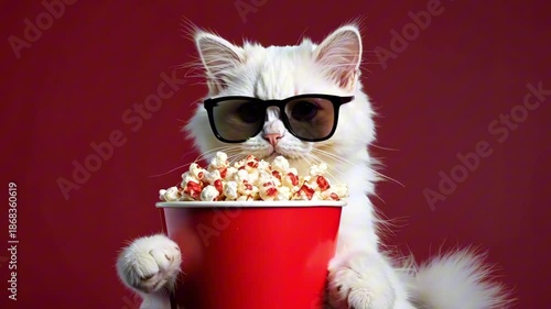 Cat wearing sunglasses holds a large red popcorn bucket, showcasing a playful scene with fluffy fur and vibrant colors, emphasizing the fun of movie time