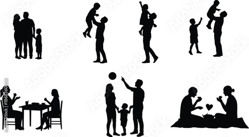 Diverse collection of black silhouette vector icons depicting various family interactions including parents playing with children eating together and enjoying romantic moments outdoors