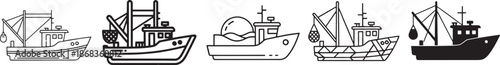 Five fishing boats illustrated in different styles and formats on a light background Vector
