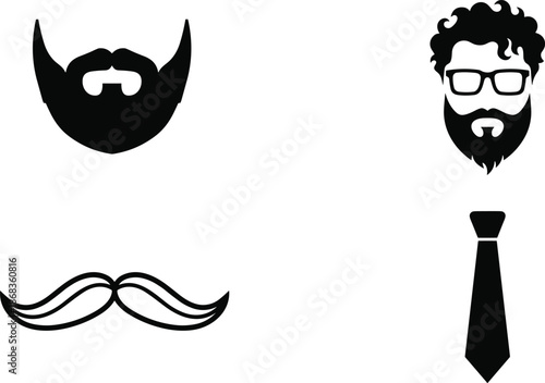 Beard, Mustache, Glasses, and Tie Icon Set, Minimal Black Silhouette Elements for Barber Shop, Hipster Style, Fashion, and Men Grooming Design Projects