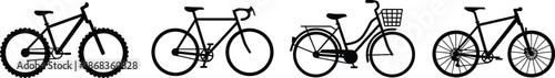 Bicycle silhouette icon set featuring mountain, road, city, and classic bikes, black vector transportation symbols for cycling, fitness, urban travel, and design use