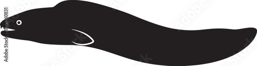 A black silhouette illustration of a moray eel swimming with its mouth open Vector