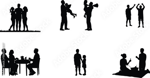 Collection of black silhouette vector illustrations depicting various human activities including families enjoying time together social gatherings dining outdoors and playful interactions.