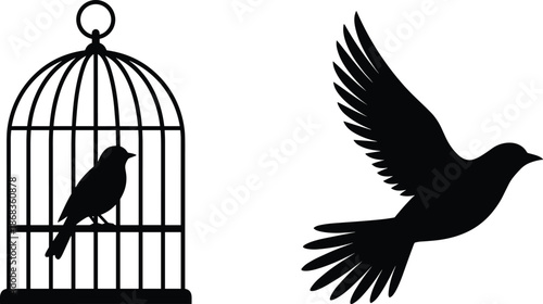 Bird in Cage and Flying Bird Silhouette Icons, Freedom versus Captivity Symbolic Black Illustration for Nature, Conceptual Art, and Creative Design Projects