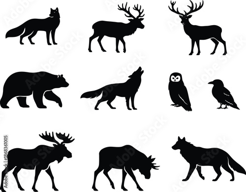 Collection of black and white silhouette icons representing various North American wilderness animals including majestic deer moose bears wolves foxes and common forest birds like owls and ravens.