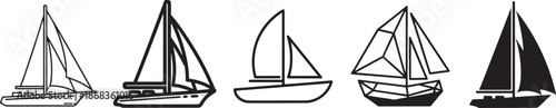 A set of sailboat illustrations and icons displaying different designs and styles Vector