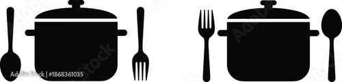 Black cooking pot with spoon and fork silhouette icon set representing kitchen utensils, food preparation, culinary concept for restaurant, menu, and app design