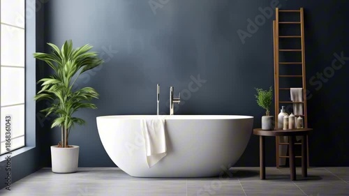 Modern bathroom featuring a freestanding white bathtub, lush green plant, wooden ladder, and decorative items on a side table with natural light streaming in
