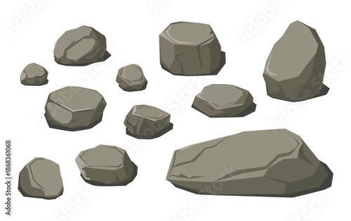 Rocks and stones collection, flat style illustration for game assets, background elements, natural landscapes, apps, websites and digital vector design projects.