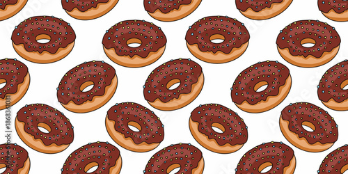 Seamless chocolate donut pattern vector illustration. Cute cartoon donut seamless pattern with chocolate glaze, Dessert pattern. Doughnut with chocolate topping
