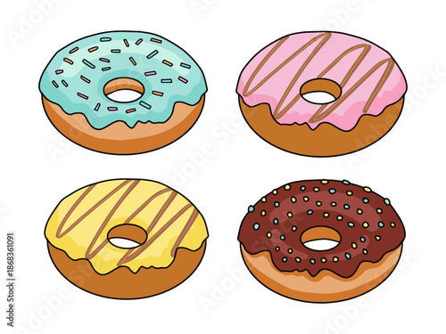 Colorful donut set. Cartoon donut set in pink, blue, yellow and brown glaze and colorful sprinkles vector illustration