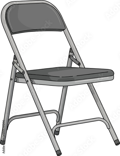 Gray folding chair with metal frame.