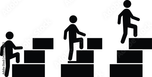 Business growth concept silhouette showing person climbing steps upward, success progress metaphor for career development, achievement, motivation, and goal oriented design