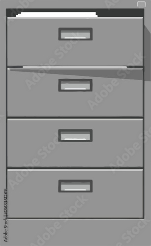 Gray metal office filing cabinet drawers.