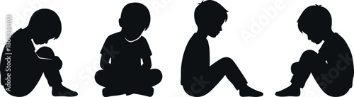Child silhouette set showing seated and thoughtful kids poses, emotional childhood concept illustration for education, psychology, parenting, and creative design projects