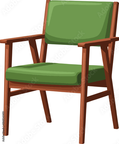 Green chair with wooden frame.