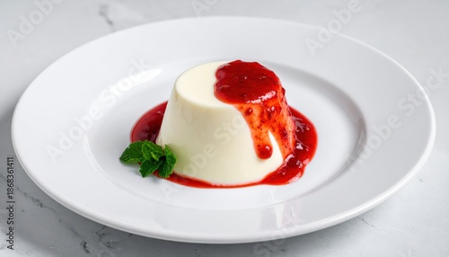 White plate topped with small piece of cheese covered in strawberry jelly.