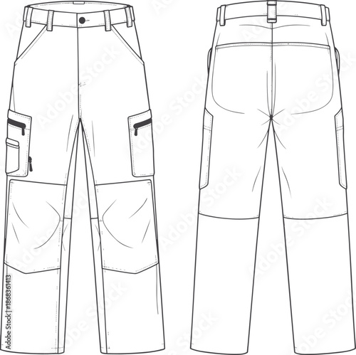 Technical Fashion Sketch Vector Set Featuring Cargo Pants Wrap Dresses Quarter Zip Pullovers Track Jackets and Tailored Overcoats Mockup Templates