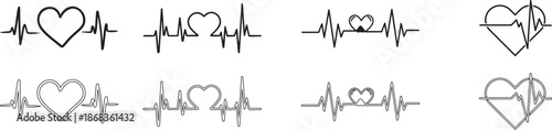 Heart Rhythm Icon set. Electrocardiogram, ECG - EKG signal, Heart Beat pulse line concept design element. Heartbeat line, pulse, cardiogram, medical health care, heart rhythm, red outline vector.