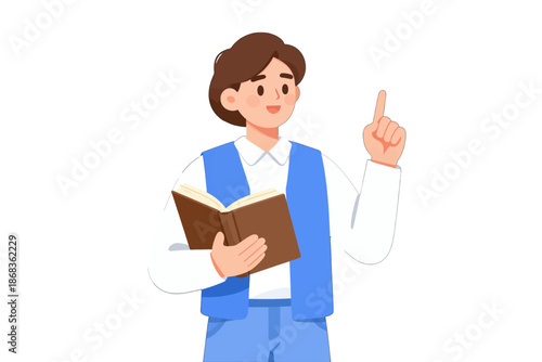Boy in blue overalls holding a book and pointing up