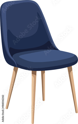 Modern blue chair with wooden legs.