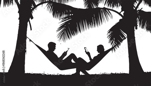 Silhouette vector of a couple relaxing in a hammock between two palm trees looking at their smartphones