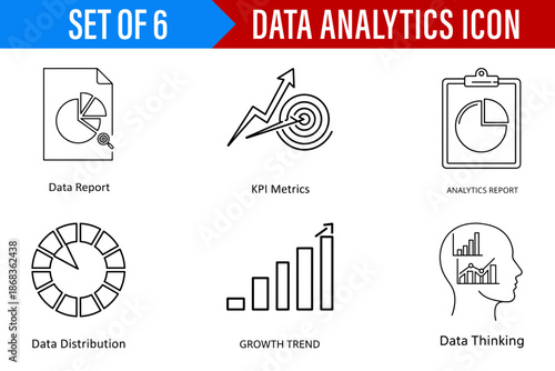 Professional Line Art Icon Set for Data Analytics Business Reporting and Growth Trend Visualization