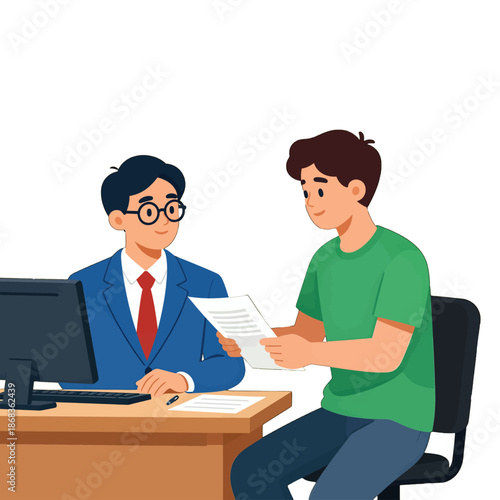 Businessman in blue suit interviewing young man in green shirt