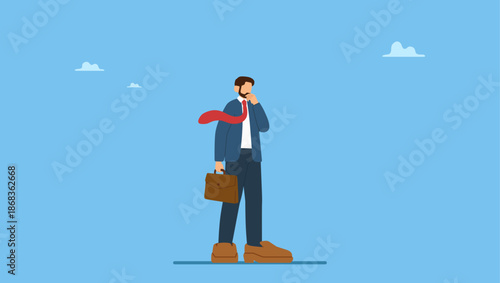 Frustrated businessman trying to put too big shoes. Work responsibility, put right man in the right job, working skill to fit job position, anticipation to be promoted, mistake or problem.