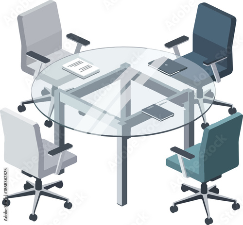 Office chairs around glass table meeting.