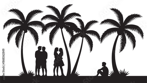 Silhouettes of couples and lonely man under palm trees on tropical beach during summer vacation dating