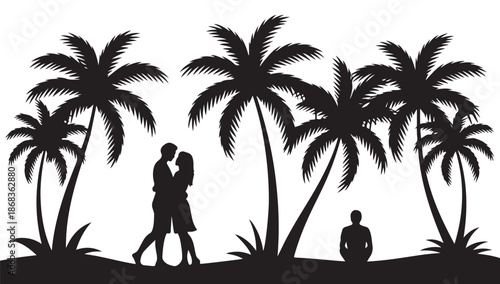 Couple embracing under tropical palm trees on beach during summer vacation holiday romantic silhouette scene