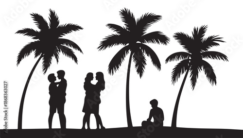 Tropical beach scene with palm trees showing silhouettes of couples and a solitary person