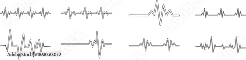 Heart Rhythm Icon set. Electrocardiogram, ECG - EKG signal, Heart Beat pulse line concept design element. Heartbeat line, pulse, cardiogram, medical health care, heart rhythm, red outline vector.