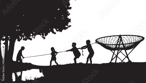 Multiple children struggling to pull large fishing net from water under tree shade